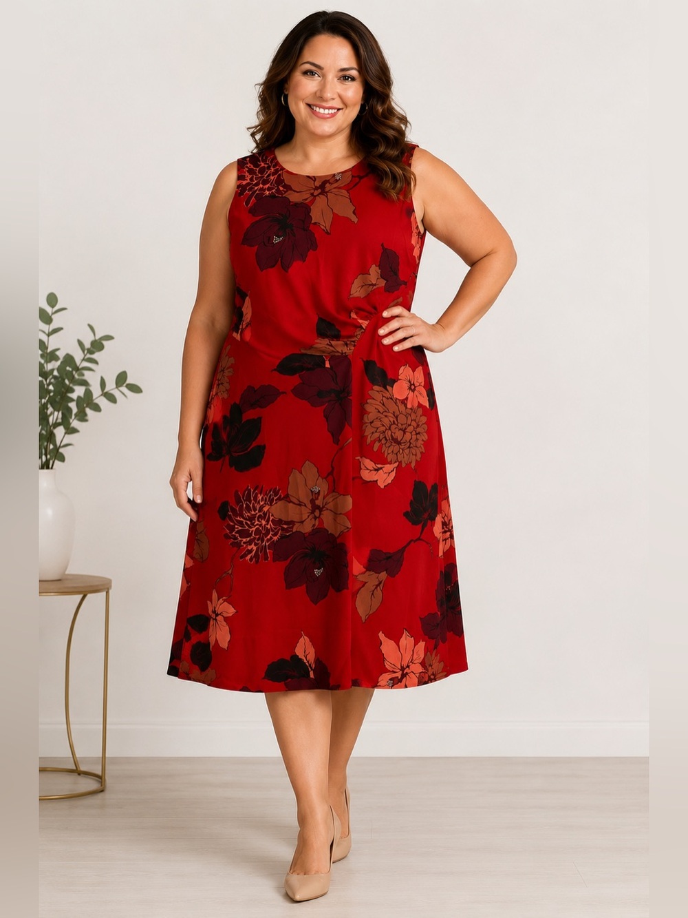 NWT Liz Claiborne Red Floral Sheath Dress Sleeveless Ruched Midi Size 18